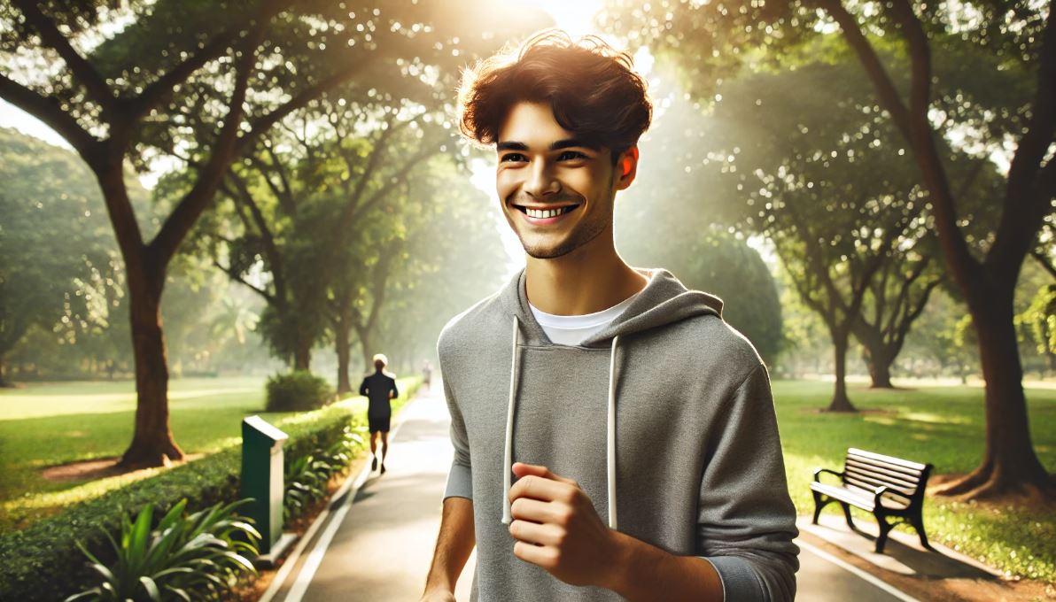 A relaxed, smiling person engaging in a daily habit