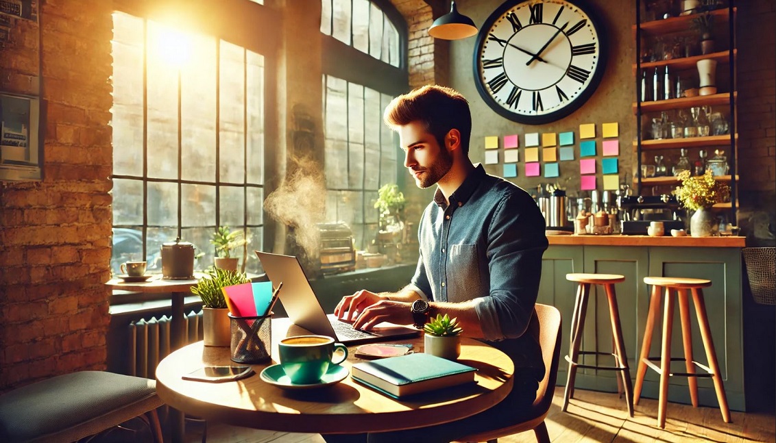 A vibrant scene of a modern entrepreneur working on a laptop in a cozy, sunlit café