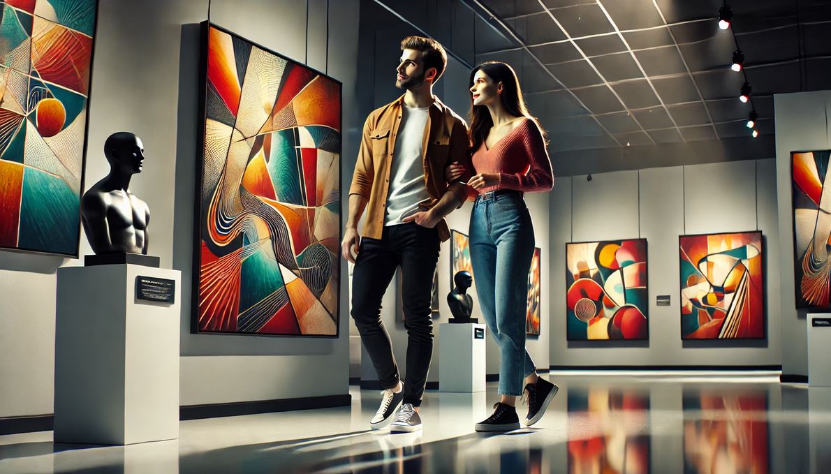 couple exploring a modern art gallery