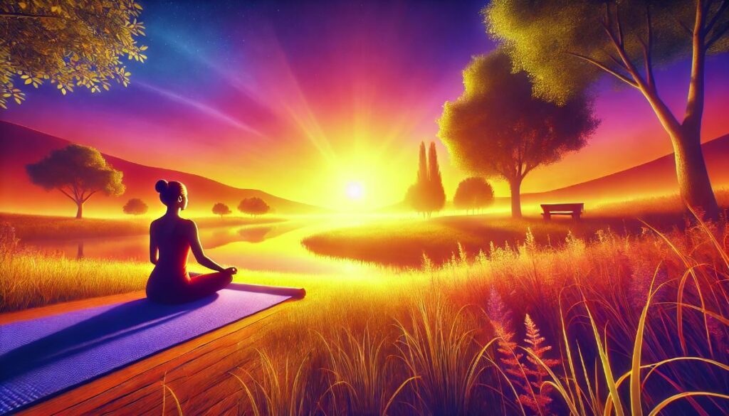 A vibrant, serene scene featuring a gentle sunrise over a calm landscape