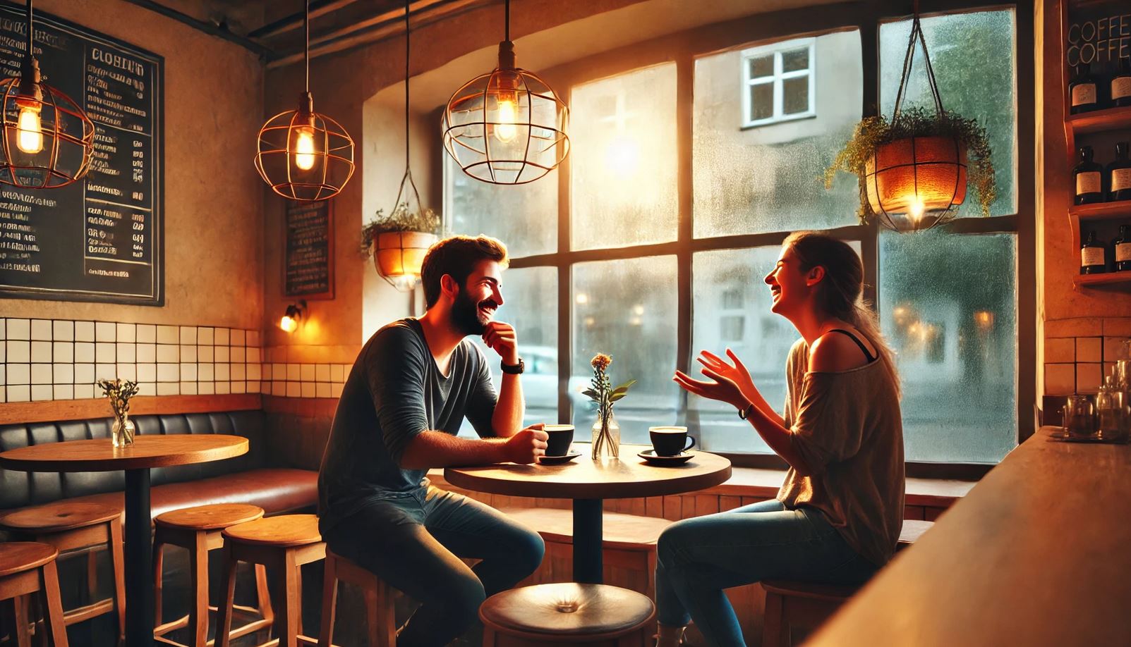 A cozy, well-lit coffee shop scene featuring two friends sitting across from each other