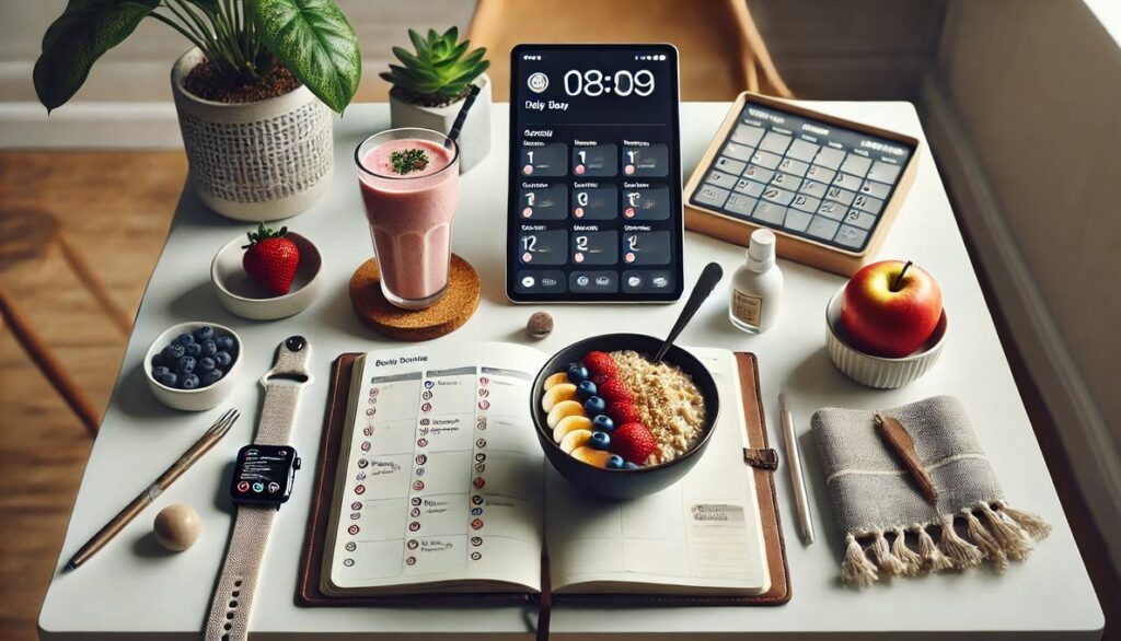 A neatly arranged morning routine setup displayed on a clean table