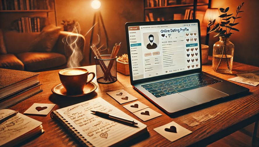 Laptop on a desk with a dating profile page, notepad, and coffee, symbolizing profile creation