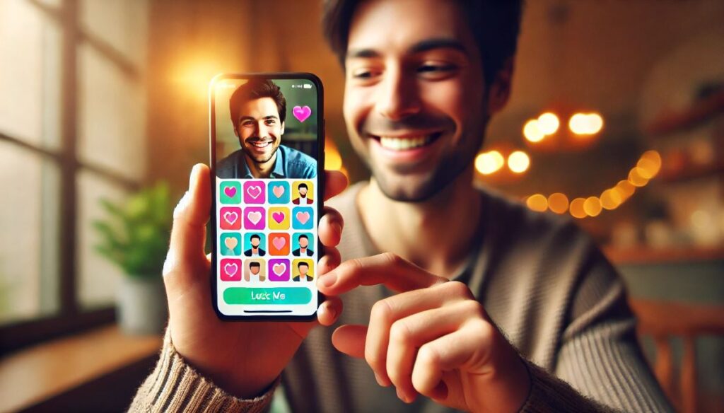 Person smiling at their smartphone displaying a dating app interface